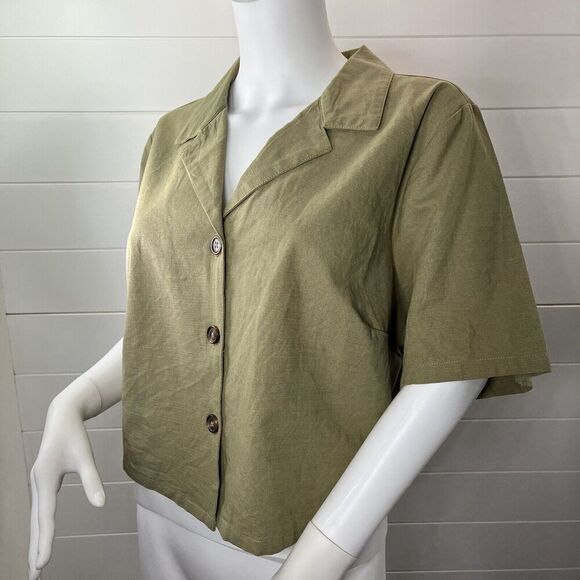 And Now This Crop Top Womens 1X Button Down Short Sleeve Green Minimalist Boho - Picture 1 of 11